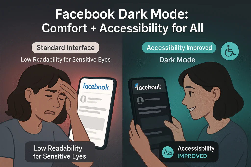 an inclusive, accessibility-focused visual showing how Facebook Dark Mode improves readability and user comfort for people with vision sensitivities.
