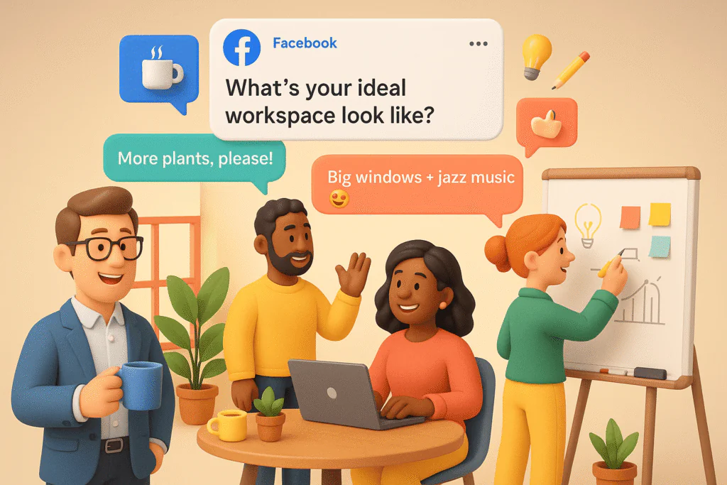 Facebook posts idea, a 3D cartoon-style office scene with diverse business avatars (male and female, 20s–40s) interacting in a cozy, modern workspace. One avatar is holding a coffee mug, another is sitting with a laptop, and one is writing on a whiteboard during a casual brainstorming session. Include subtle props like plants, sticky notes, coffee cups, and laptops. Above the scene, place a floating Facebook post UI mockup that reads: 'What’s your ideal workspace look like?' with emojis like ☕ð¡✏️ floating around. Add speech bubbles showing comments from users like 'More plants, please!' or 'Big windows + jazz music ð'. Use a soft neutral background with a gradient fade. Stick to a fun, professional color palette: Meta Blue (#1877F2), Warm Coral (#FF6B6B), Soft Yellow (#FFD166), and Aqua Green (#3DDC97). Lighting should be warm and inviting. Keep the tone energetic and human-centered.