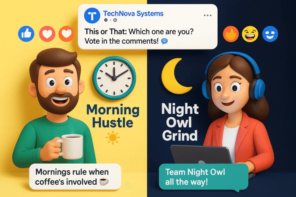 a 3D cartoon-style scene split down the middle, with two expressive business avatars from TechNova Systems standing on opposite sides. The left side shows a male avatar in casual clothes holding a coffee mug with a clock behind him reading 8 AM — label this side 'Morning Hustle ☀️'.The right side shows a female avatar wearing headphones in a dark setting with a laptop lit up — label this side 'Night Owl Grind ð'. a floating Facebook-style post UI above that says: 'This or That: Which one are you? Vote in the comments! ð¬'
emoji overlays like ð¨❤️ð¥ð and a comment bubble or two such as: 'Team Night Owl all the way!' and 'Mornings rule when coffee’s involved ☕'. Use a fun color contrast to define both sides (e.g., pastel yellow vs. midnight blue), but keep your brand palette consistent with accents: Meta Blue (#1877F2), Coral Red (#FF6B6B), Aqua Green (#3DDC97), Soft Yellow (#FFD166).