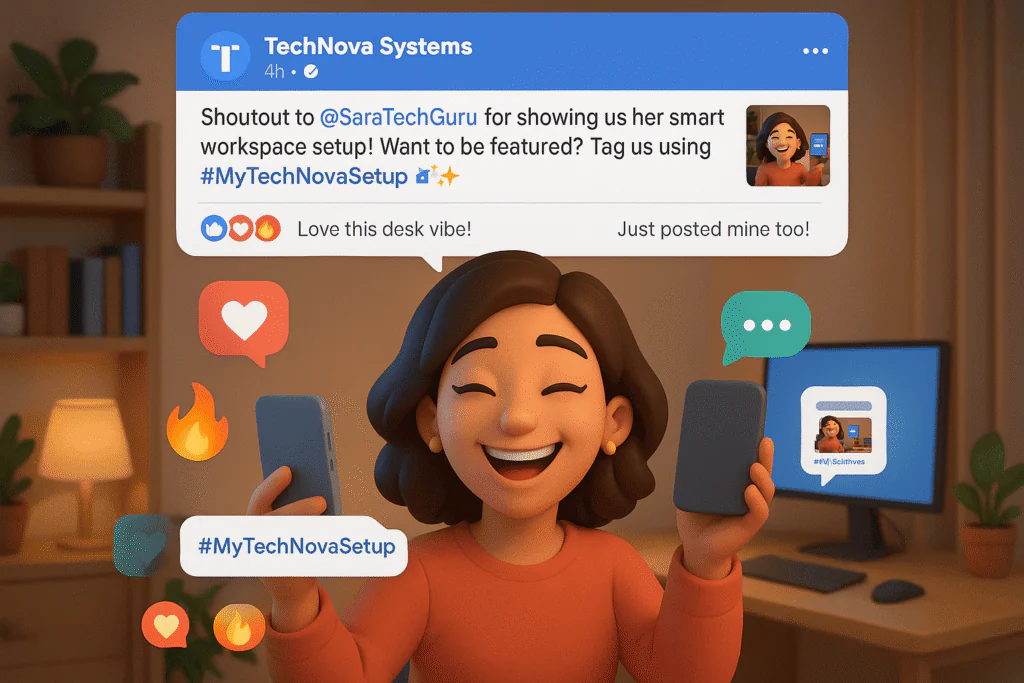 a 3D cartoon-style scene showing a cheerful avatar (female, early 30s) taking a selfie while holding or using a tech product from the fictional brand TechNova Systems. Her phone screen glows slightly as she tags the brand using a branded hashtag: #MyTechNovaSetup.Floating above her, display a Facebook post UI from TechNova Systems that reads: 'Shoutout to @SaraTechGuru for showing us her smart workspace setup! Want to be featured? Tag us using #MyTechNovaSetup ð¥️✨'
emoji overlays like ❤️ð¬ð¥ and 1–2 comment bubbles like 'Love this desk vibe!' and 'Just posted mine too!'. Show the avatar's original post as a mini thumbnail being reshared.
In the background,  a well-lit modern home workspace, some cozy touches like plants or soft lighting, and a tech-savvy setup. Use your consistent color palette: Meta Blue (#1877F2), Coral Red (#FF6B6B), Aqua Green (#3DDC97), Soft Yellow (#FFD166).