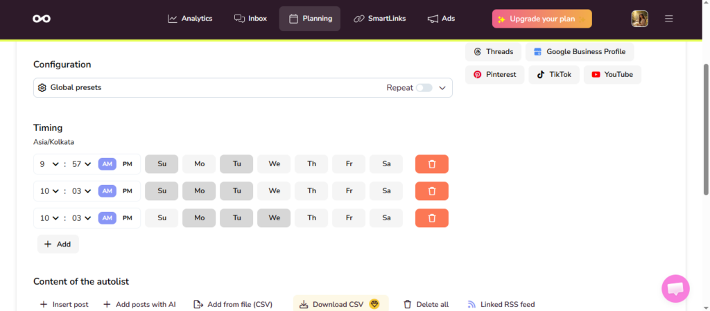 Autolists in Metricool