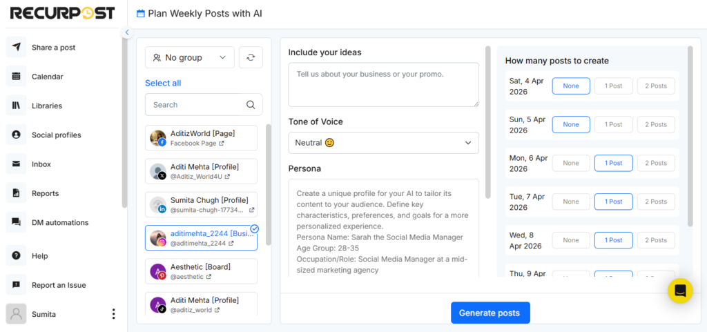 RecurPost's AI Feature - Plan Weekly Posts with AI