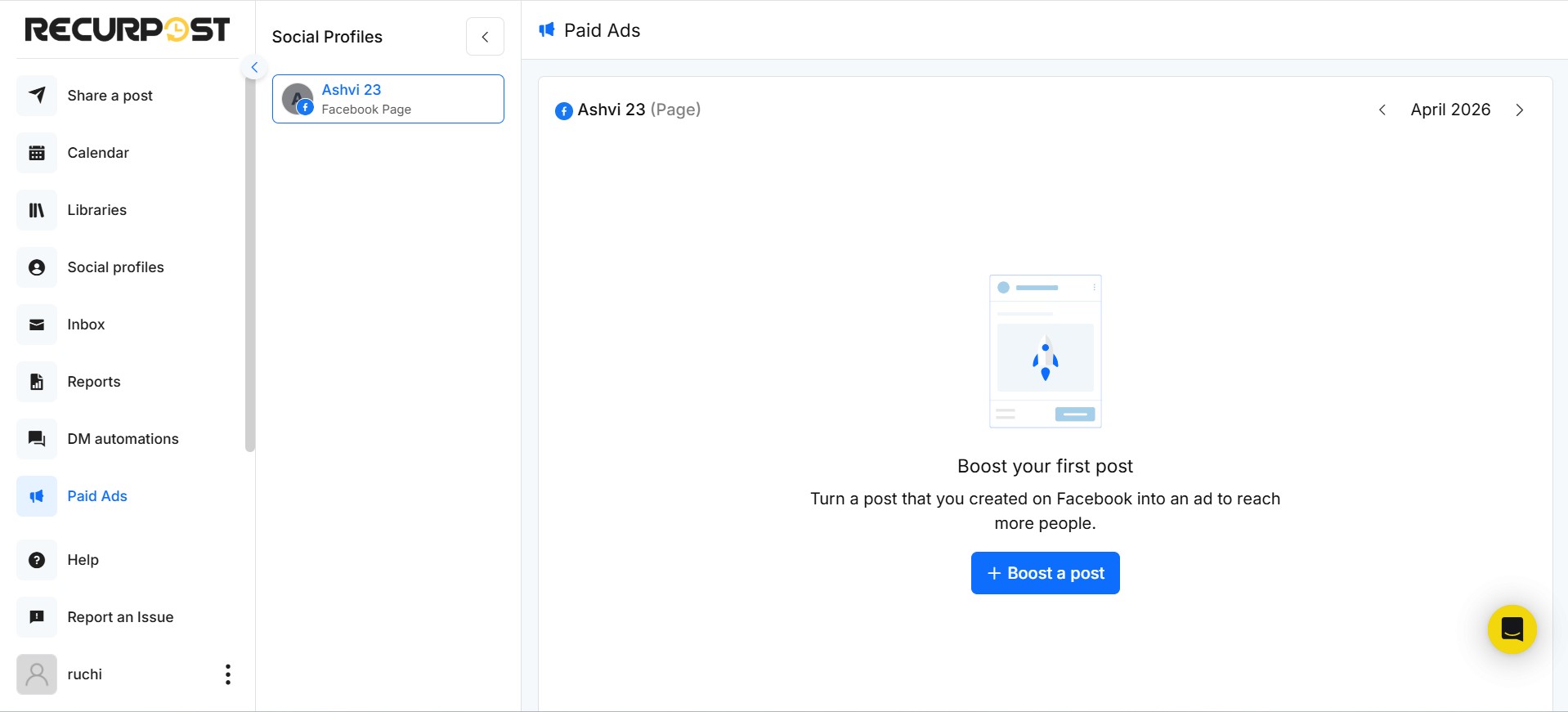 RecurPost Paid Ads screen for boosting a published Facebook post