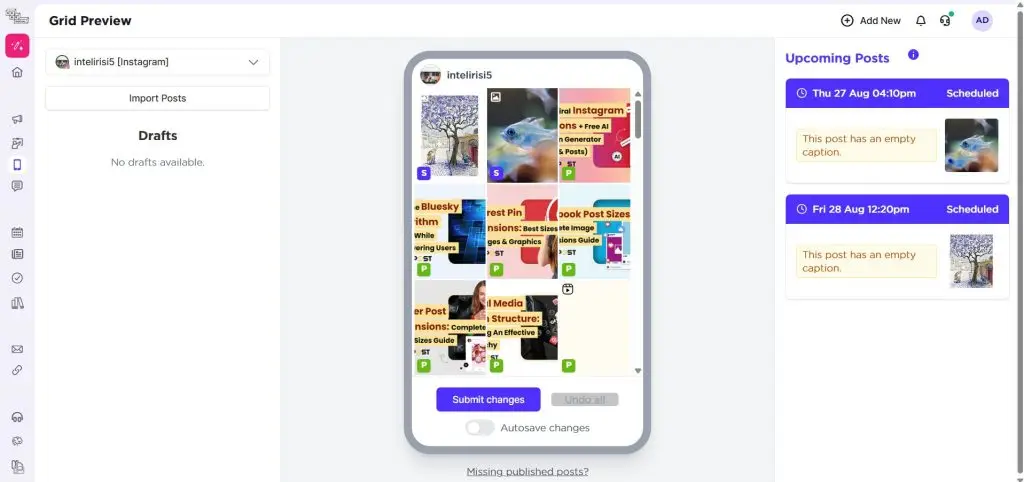 Sked Social Grid Preview tab showing upcoming Instagram posts as a mock feed with a drafts rail