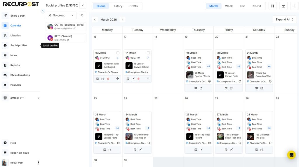 RecurPost Calendar dashboard