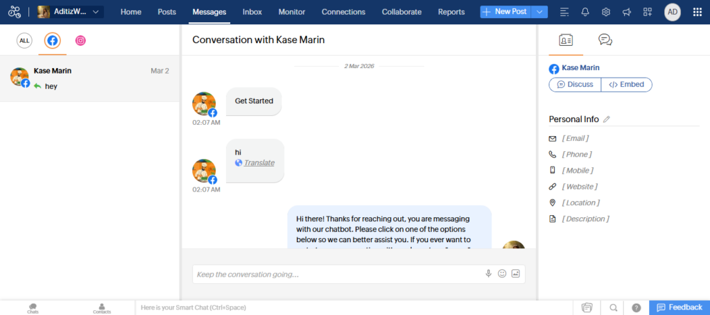 DM Inside Zoho Social Inbox