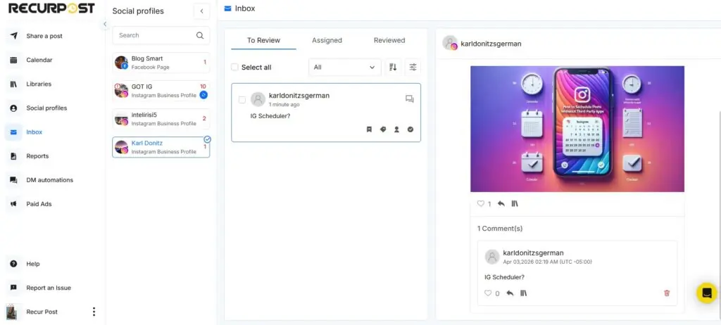 RecurPost Inbox to handle comments and DMs