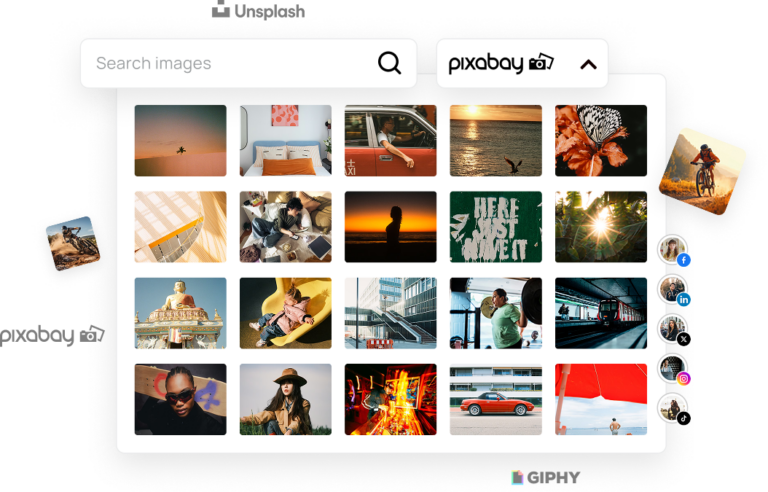 RecurPost composer royalty-free image search across Unsplash, Pixabay and Giphy