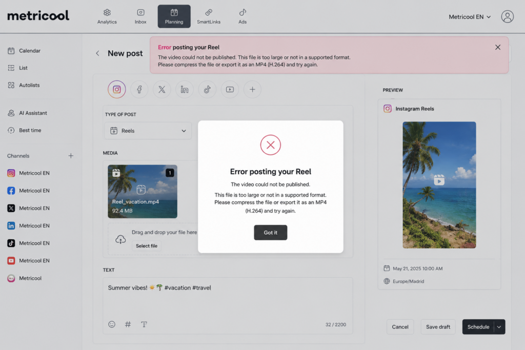 Metricool Instagram Reels posting error showing file size failure requiring manual fix