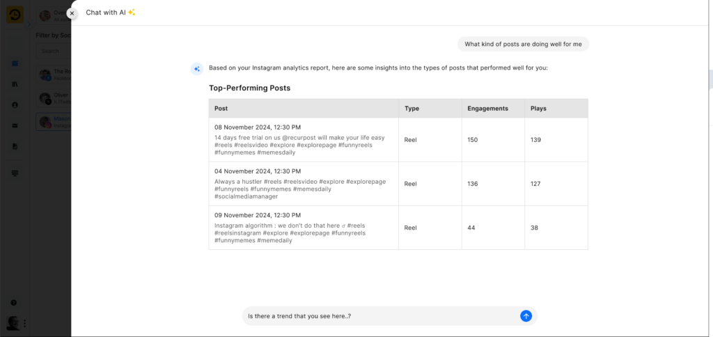 RecurPost AI-powered reports letting users chat with their analytics data and get recommendations