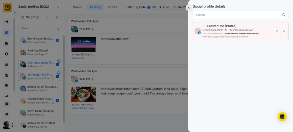 RecurPost error handling dashboard showing 850+ error types with clear messages and automatic retry