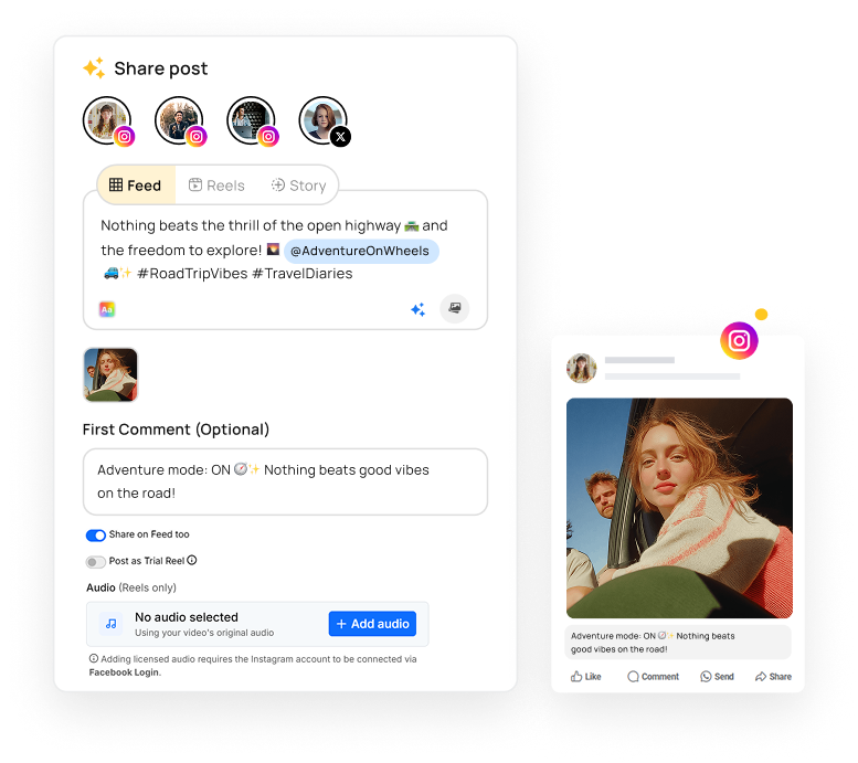 Instagram composer with first comment, Trial Reel and trending audio options in RecurPost