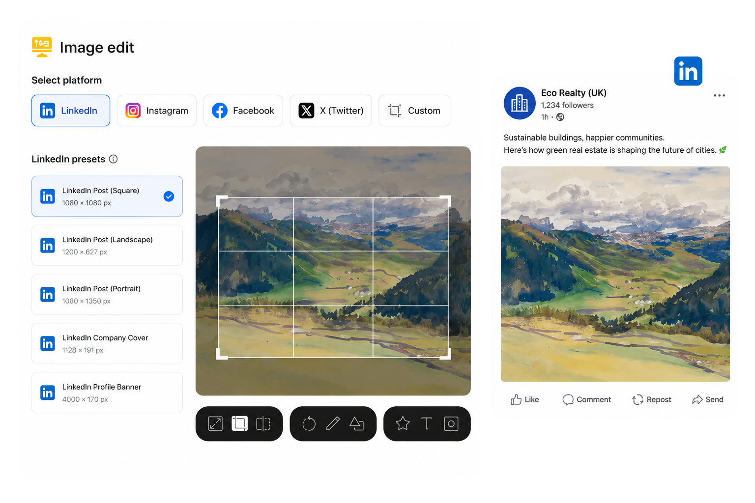 Image editor with linkedin presets