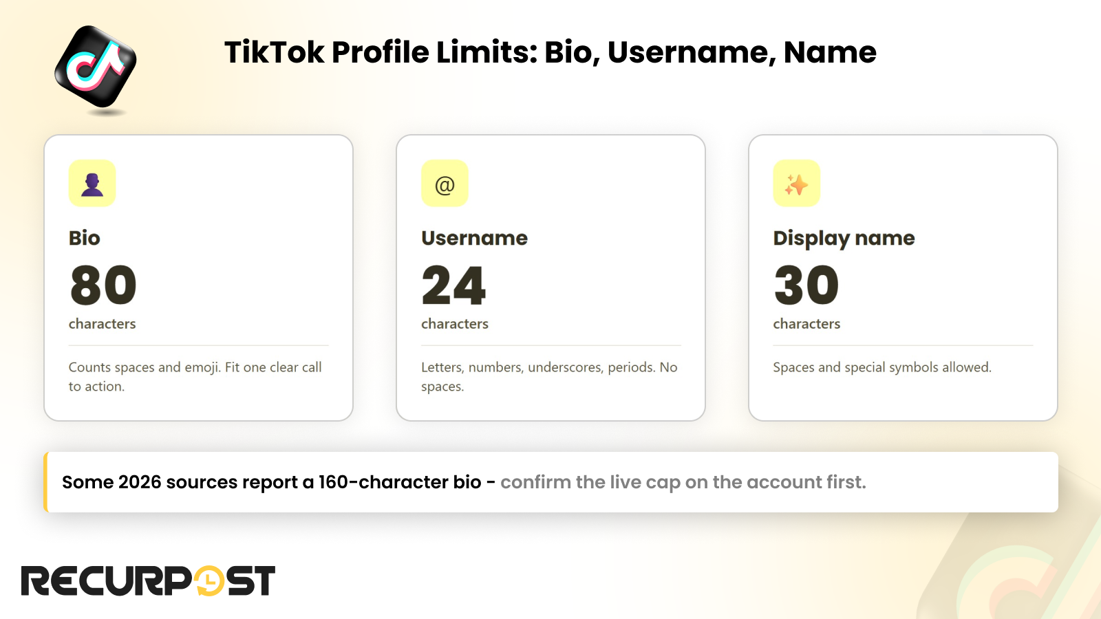 TikTok profile limits: bio 80 characters, username 24 characters, display name 30 characters