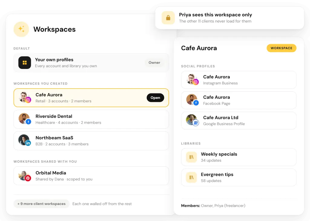 RecurPost workspaces, each holding one client's profiles and libraries