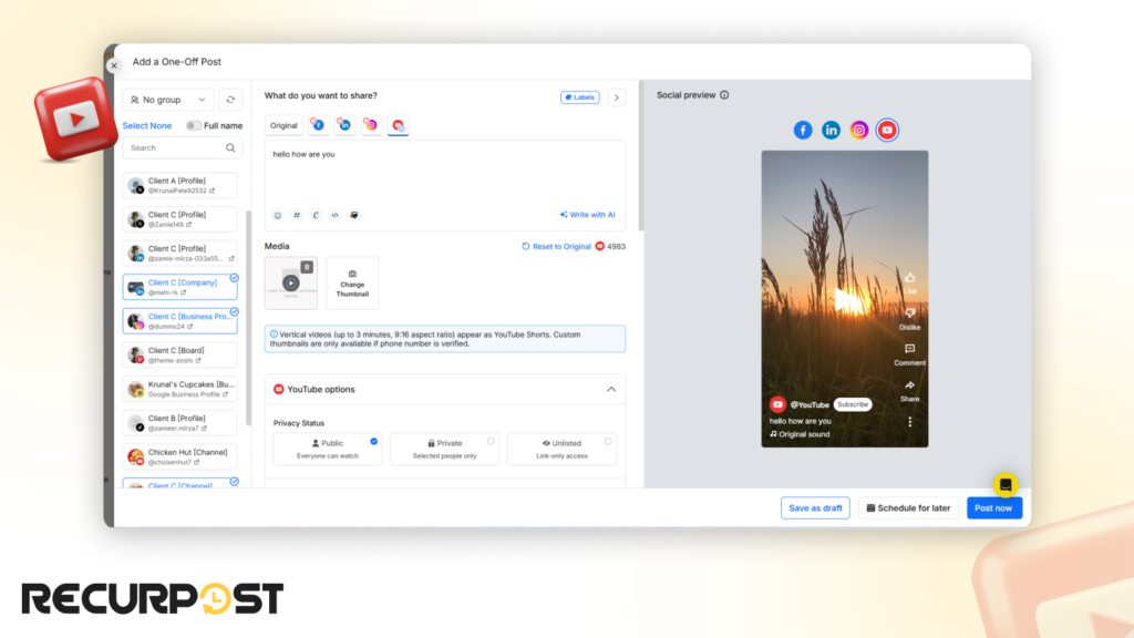 compose-and-preview screen showing a YouTube post with a flagged spec error message