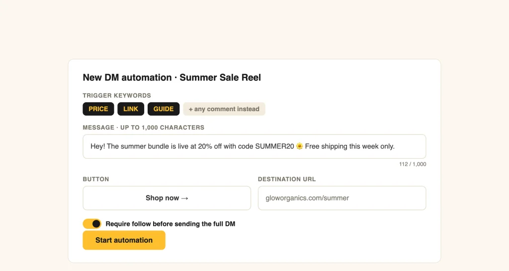 DM automation builder, keyword triggers, 1000 character message and button