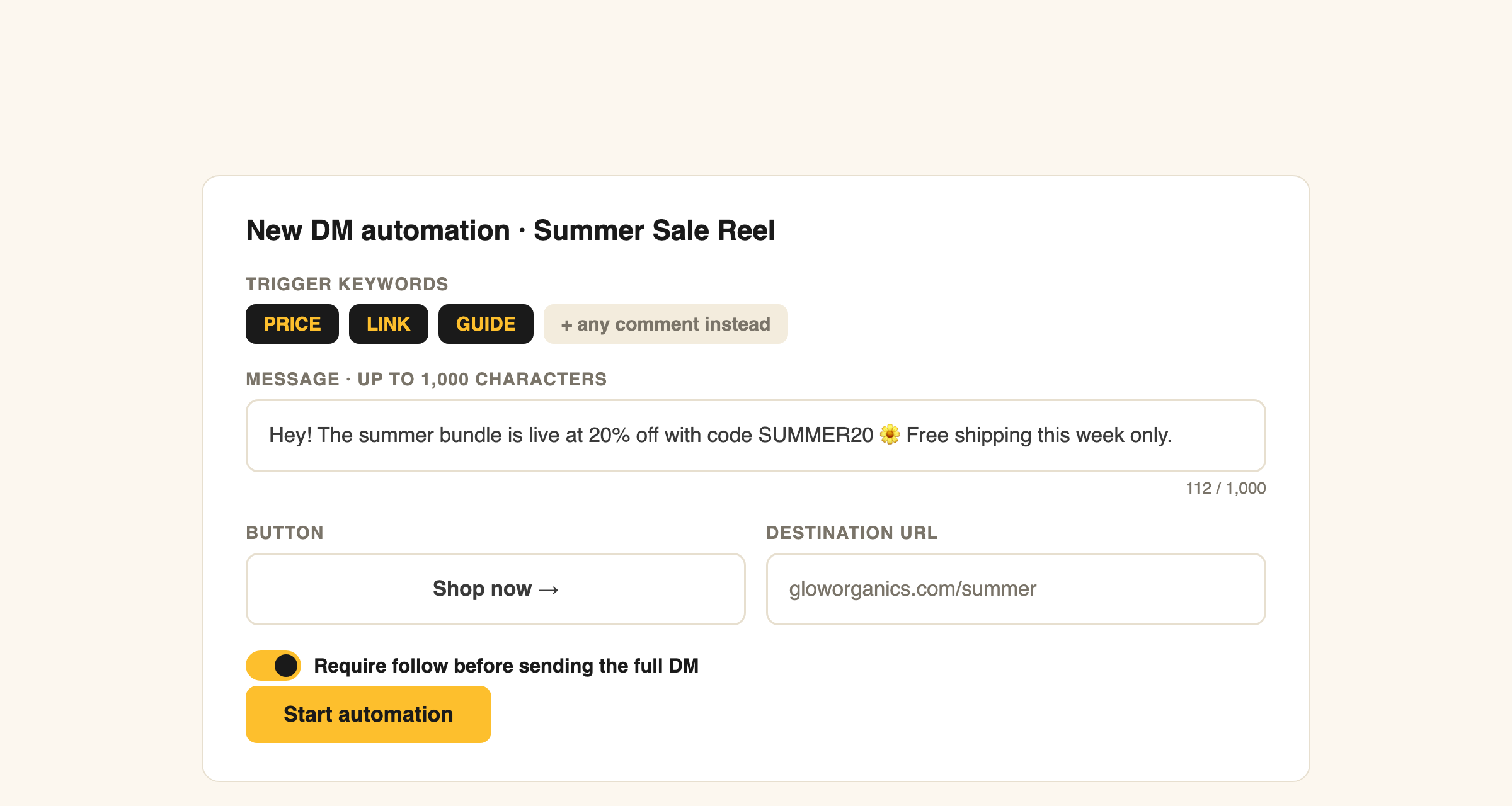 DM automation builder, keyword triggers, 1000 character message and button