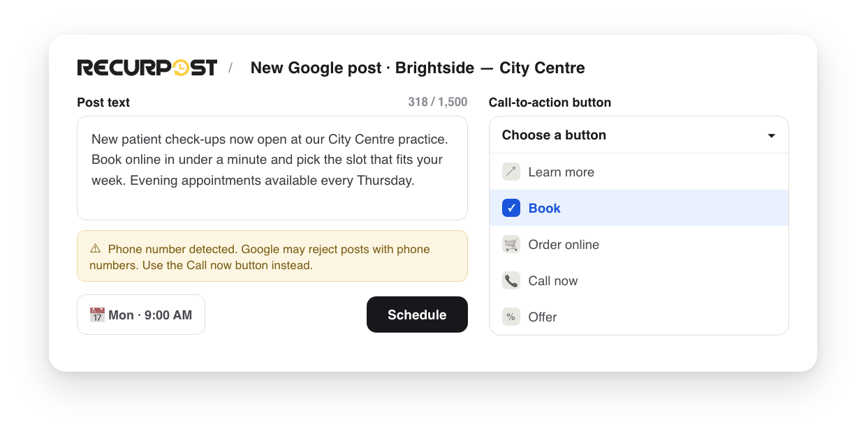 Google Business Profile post composer CTA button and character counter