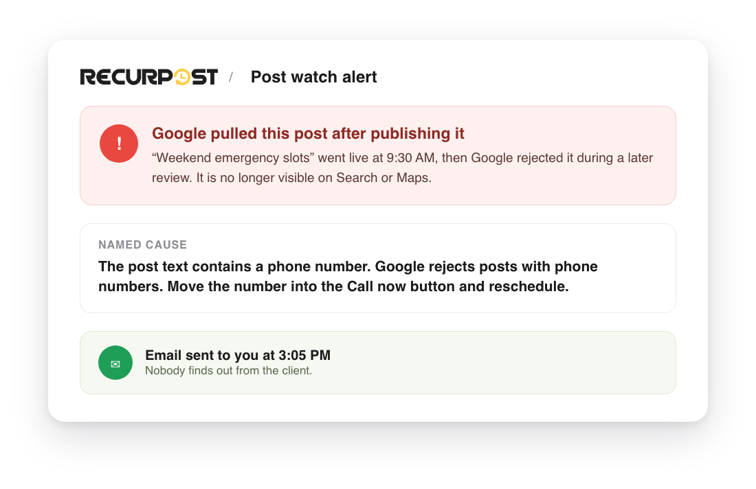 Google Business Profile rejected post alert named cause and email