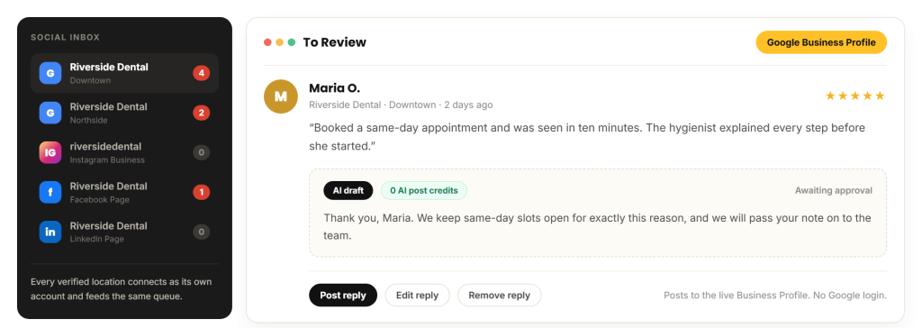 Google review reply, RecurPost unified inbox, client location