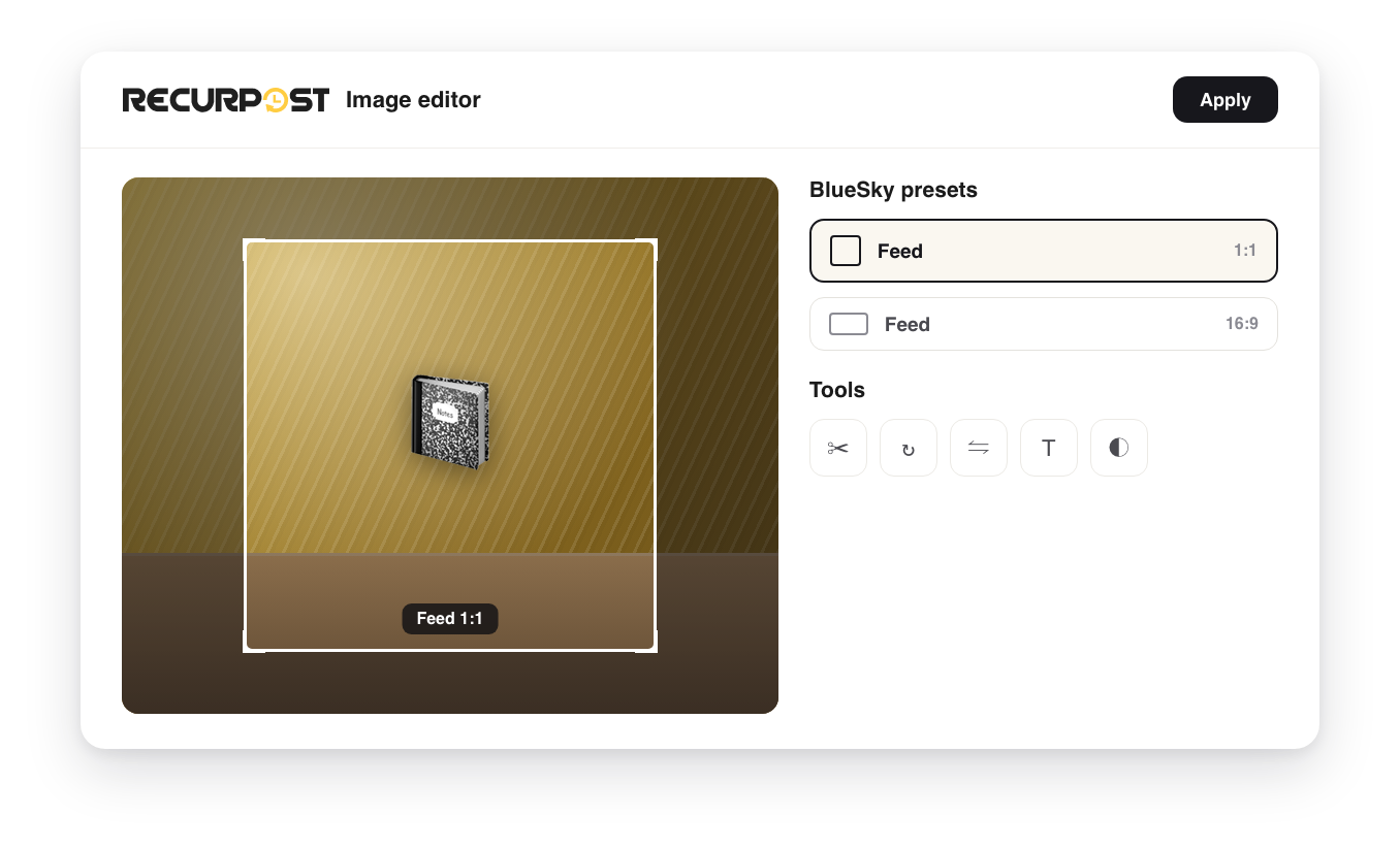RecurPost image editor with BlueSky crop presets showing Feed 1:1 selected
