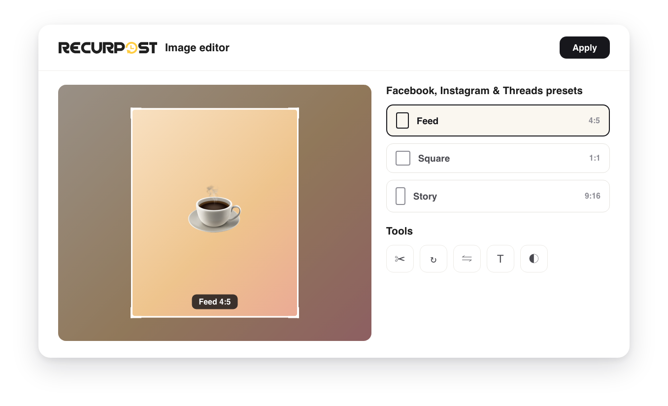 RecurPost image editor with Facebook, Instagram and Threads crop presets showing Feed 4:5 selected