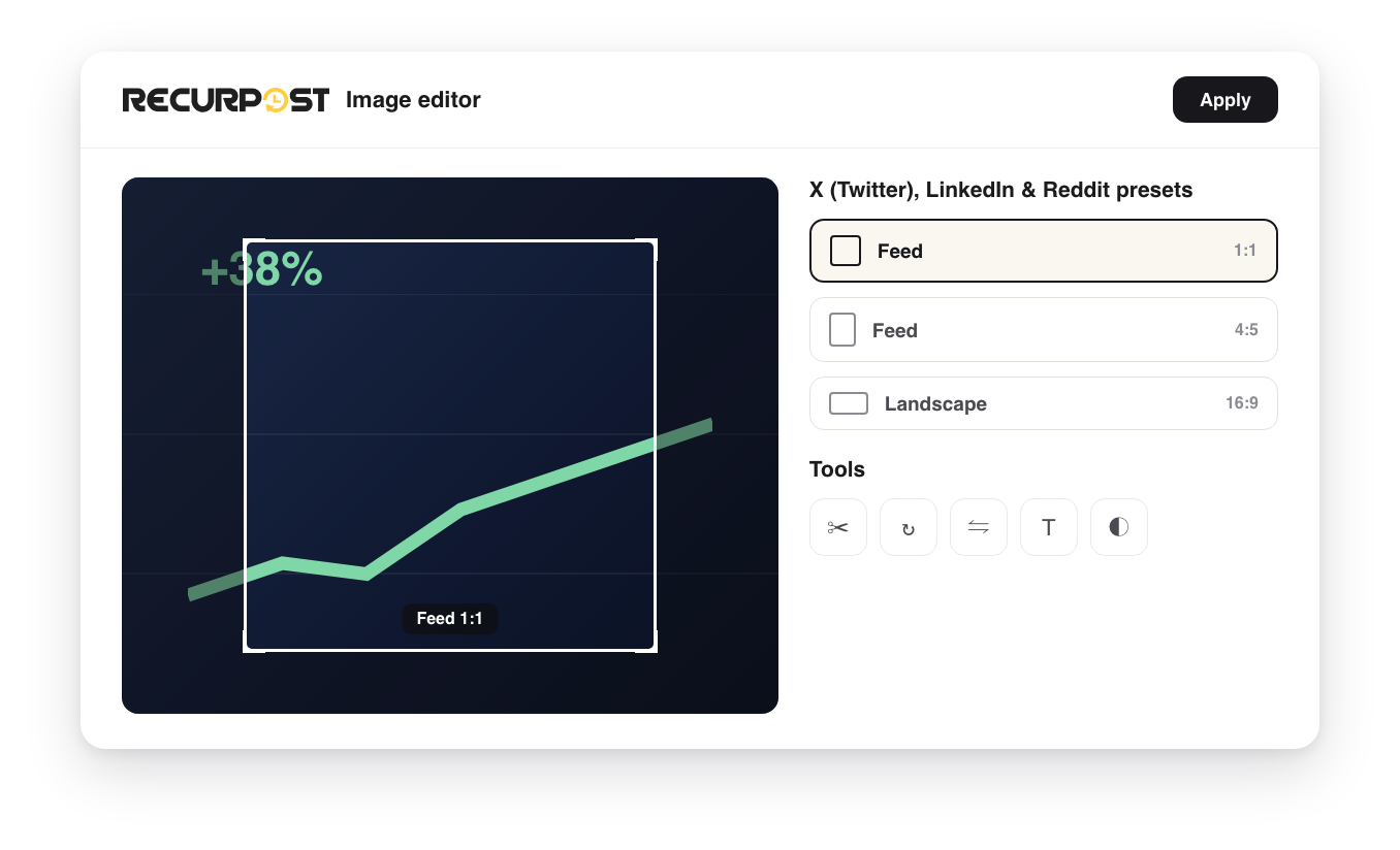 RecurPost image editor with X Twitter LinkedIn and Reddit crop presets showing Feed 1:1 selected