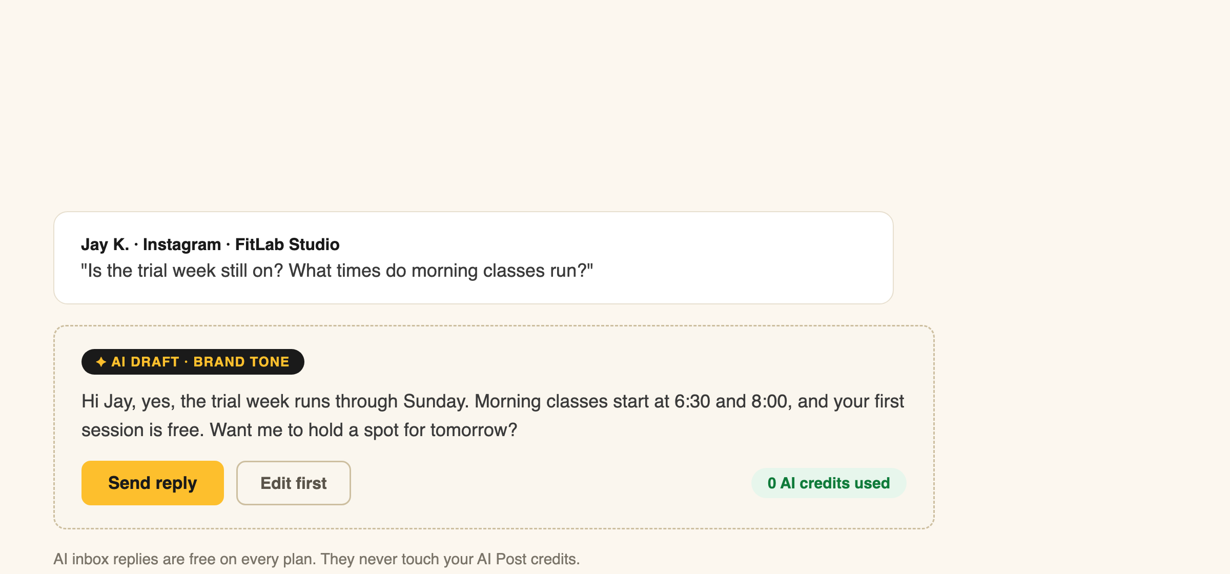 AI reply draft, brand tone, zero AI credits