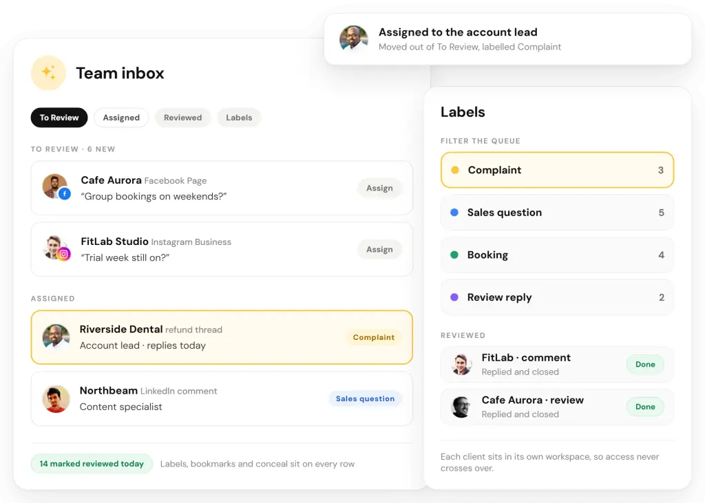 To Review, Assigned and Reviewed tabs in the RecurPost inbox