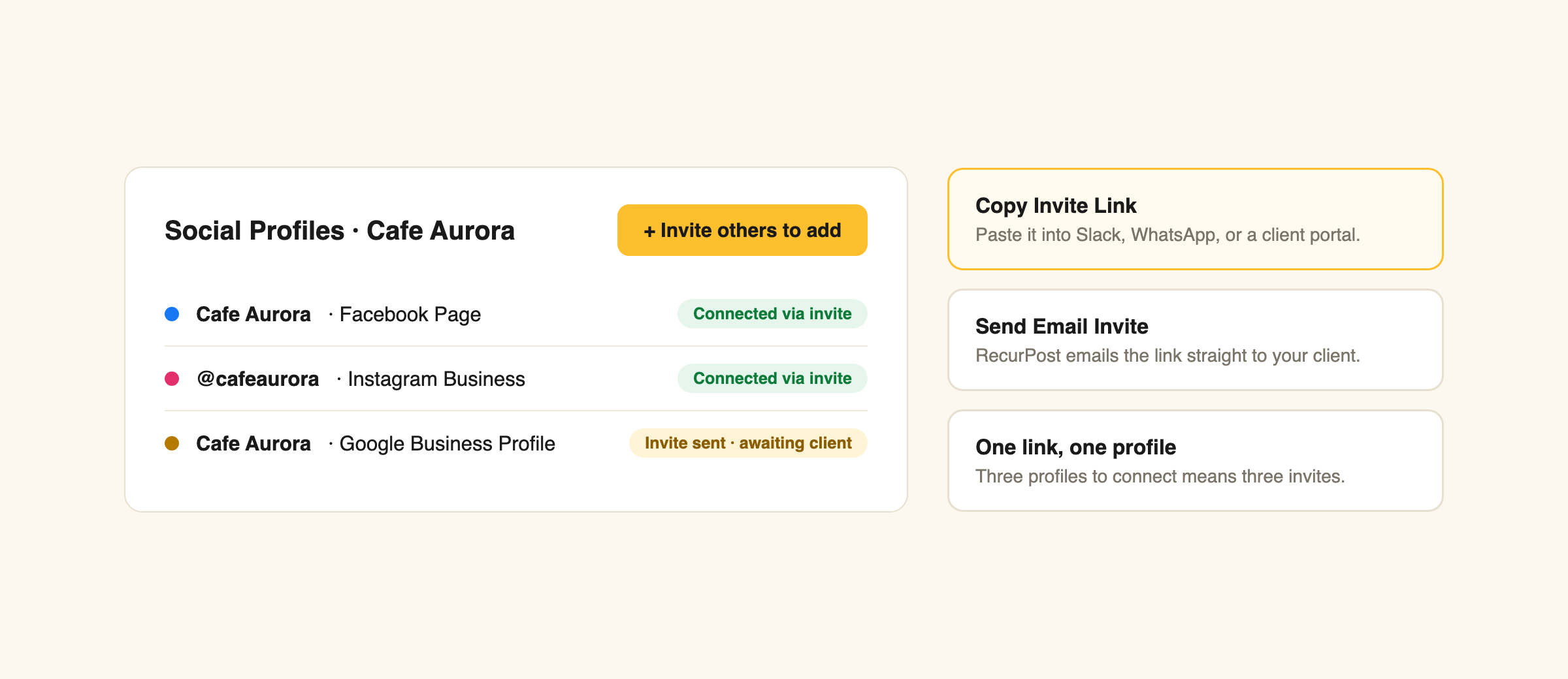 invite others to add, copy invite link and email invite, one link per profile