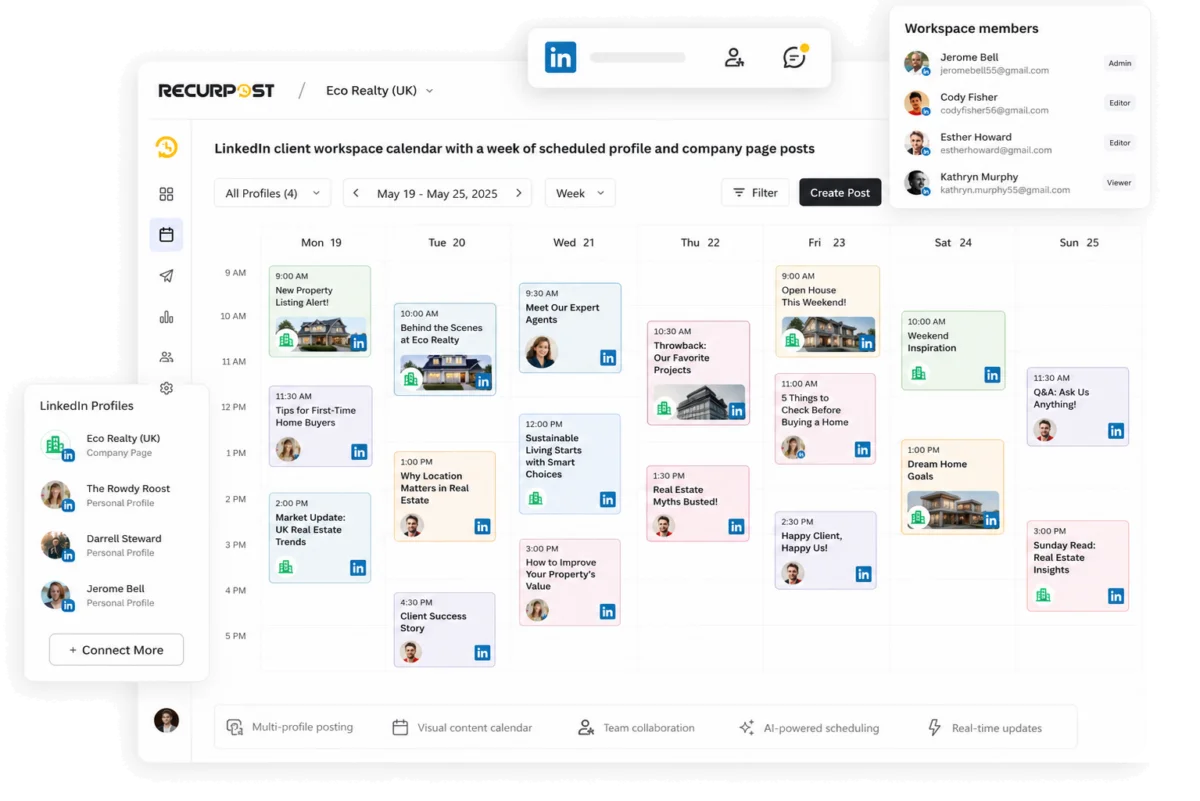 RecurPost LinkedIn client workspace calendar with scheduled profile and company page posts