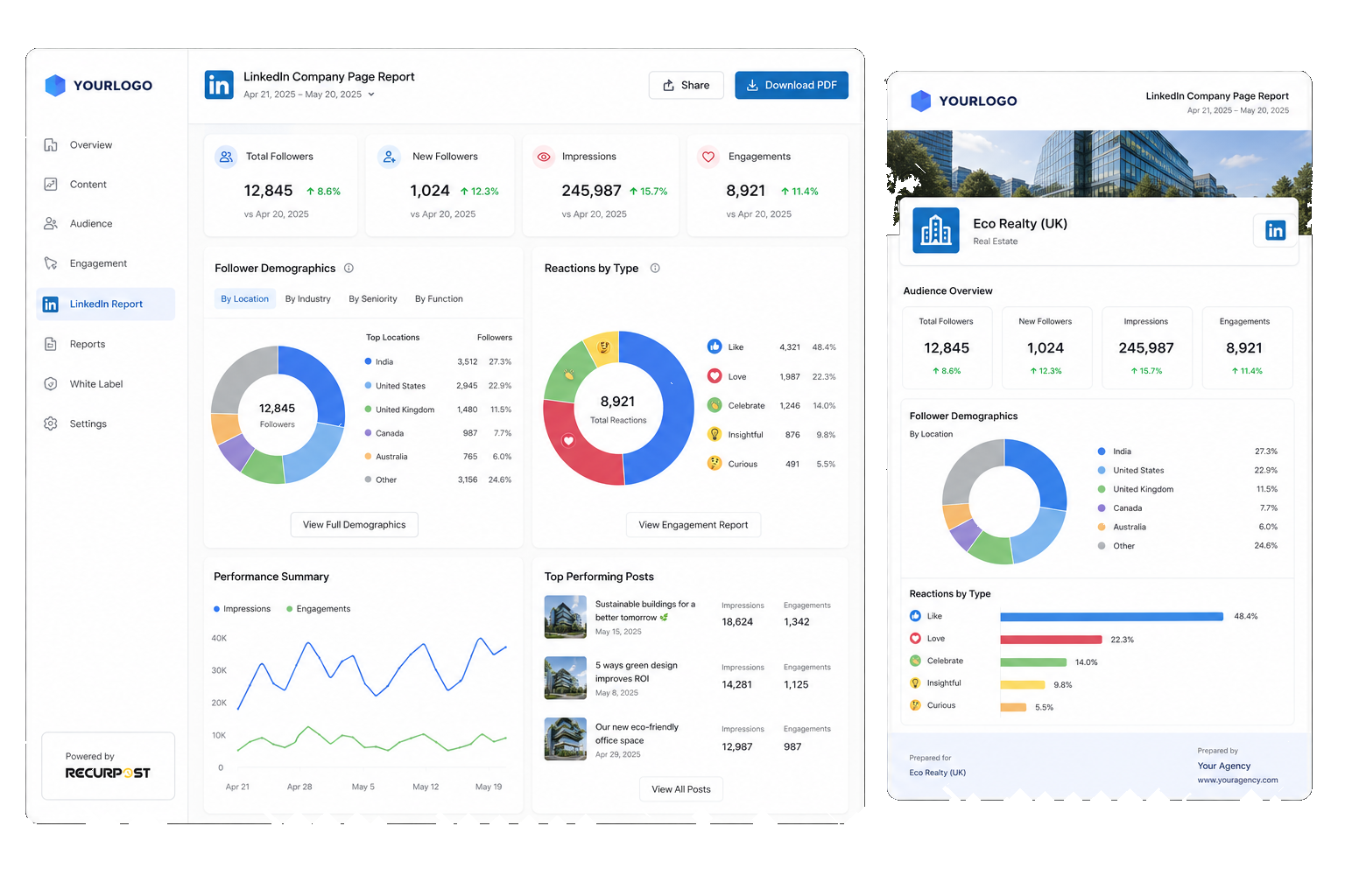 white-label LinkedIn company page report with follower demographics and reactions by type