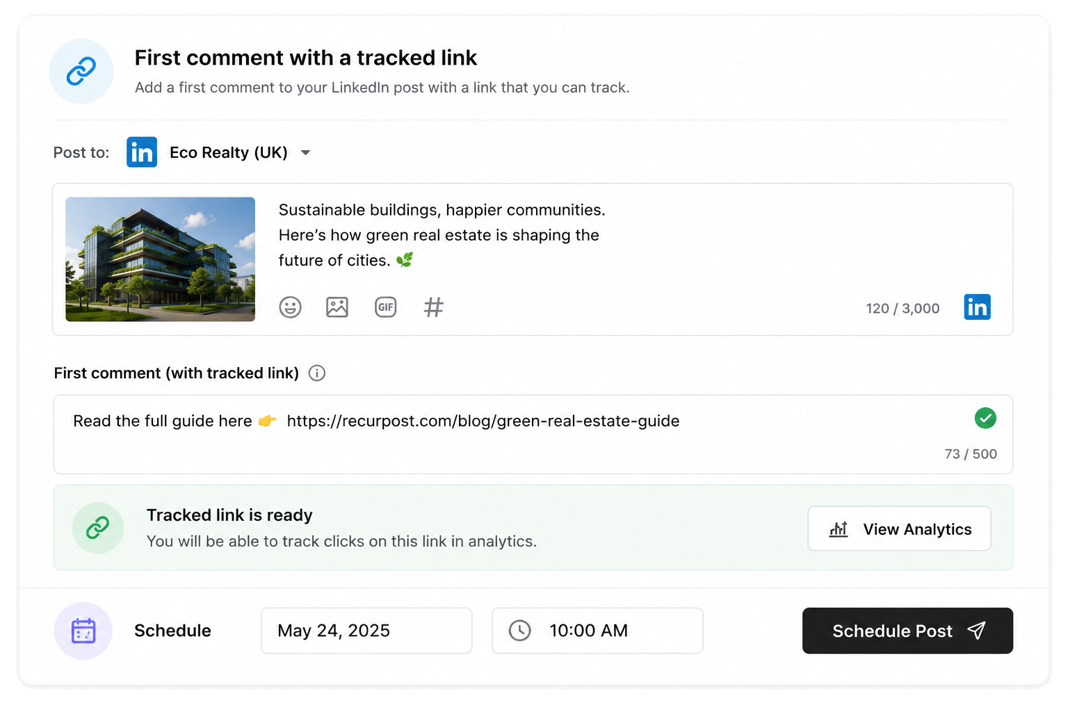 scheduling a LinkedIn first comment with a tracked link in RecurPost