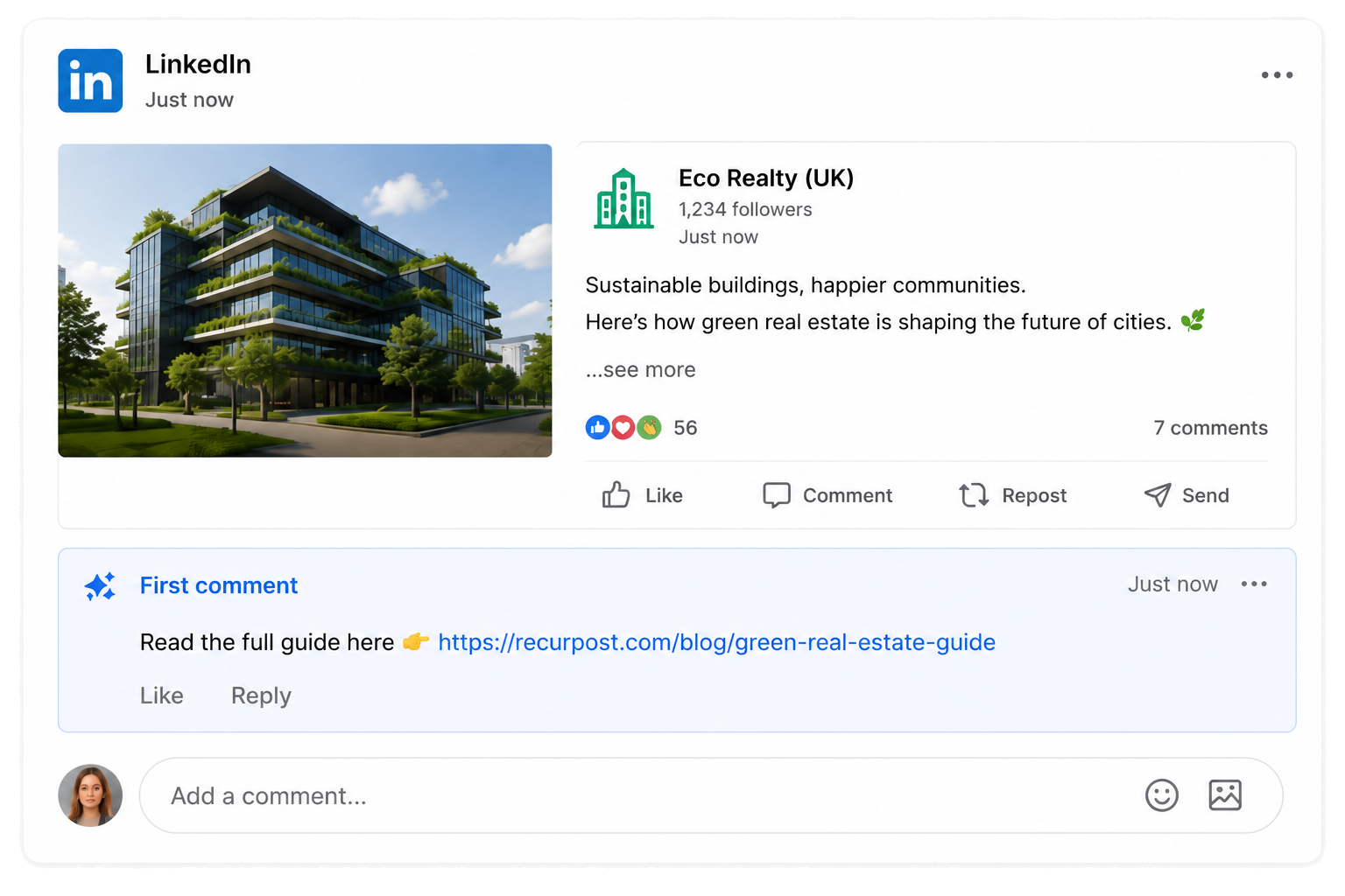 LinkedIn post published with first comment and tracked link