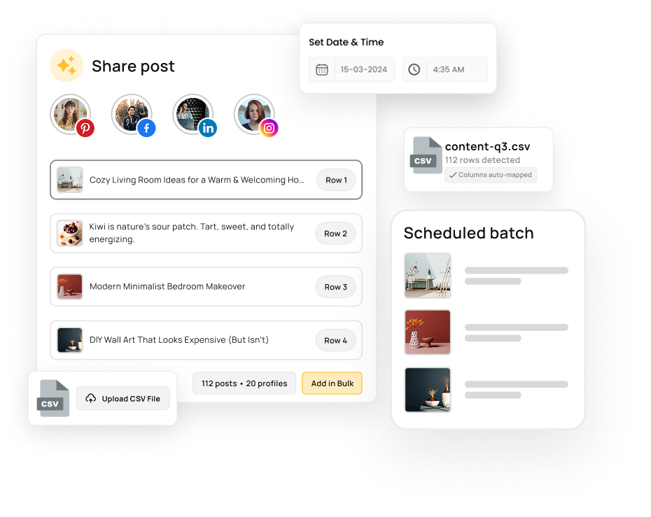 RecurPost bulk scheduling uploading a batch of social media posts