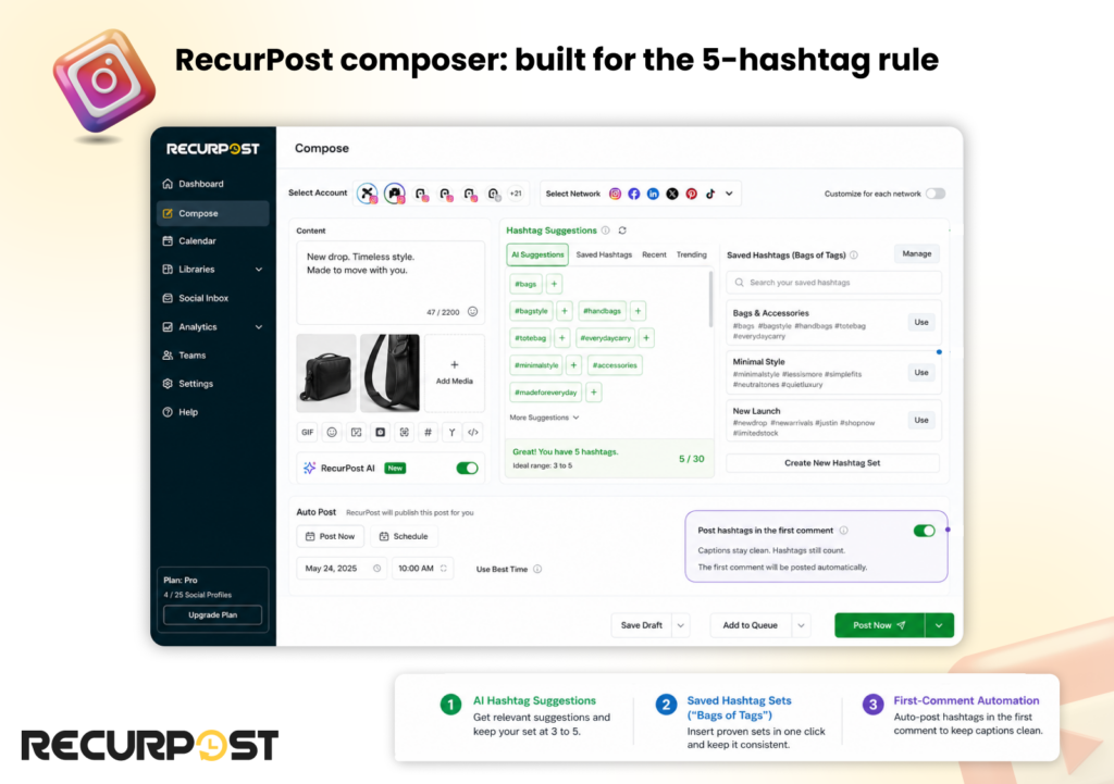 recurpost composer - built for the 5 hashtag rule