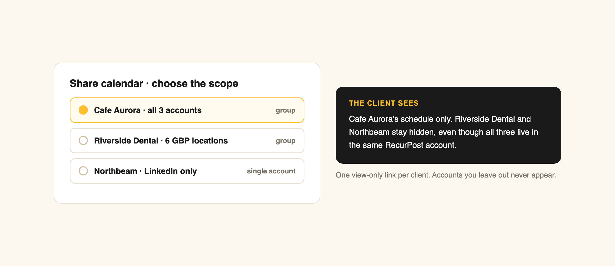 shared calendar scope, account and group selection, hidden clients