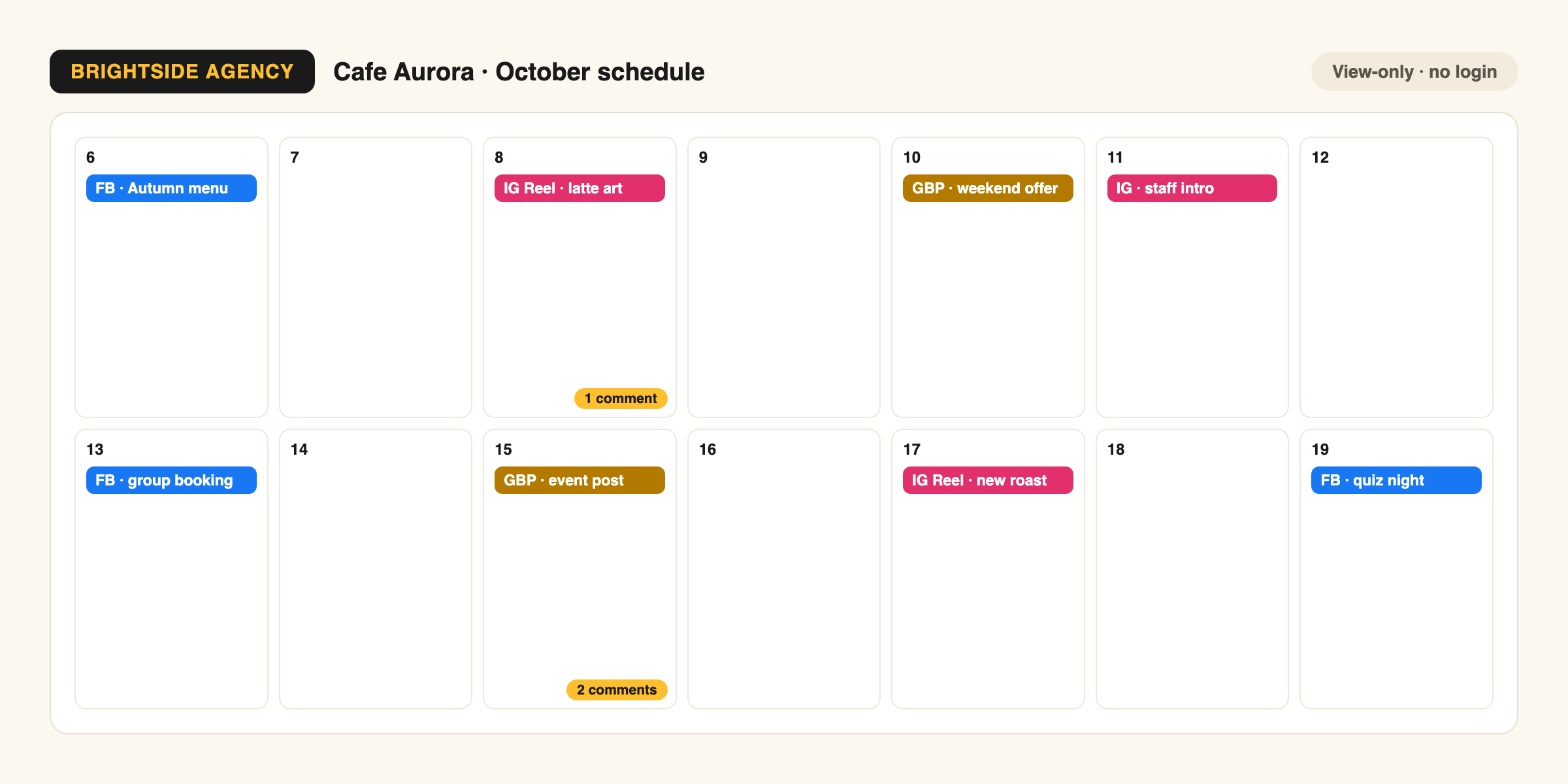 shared calendar, agency logo, view-only client link