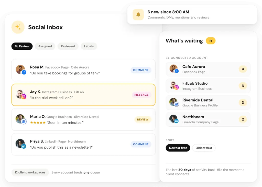 RecurPost social inbox with four client account types in one queue