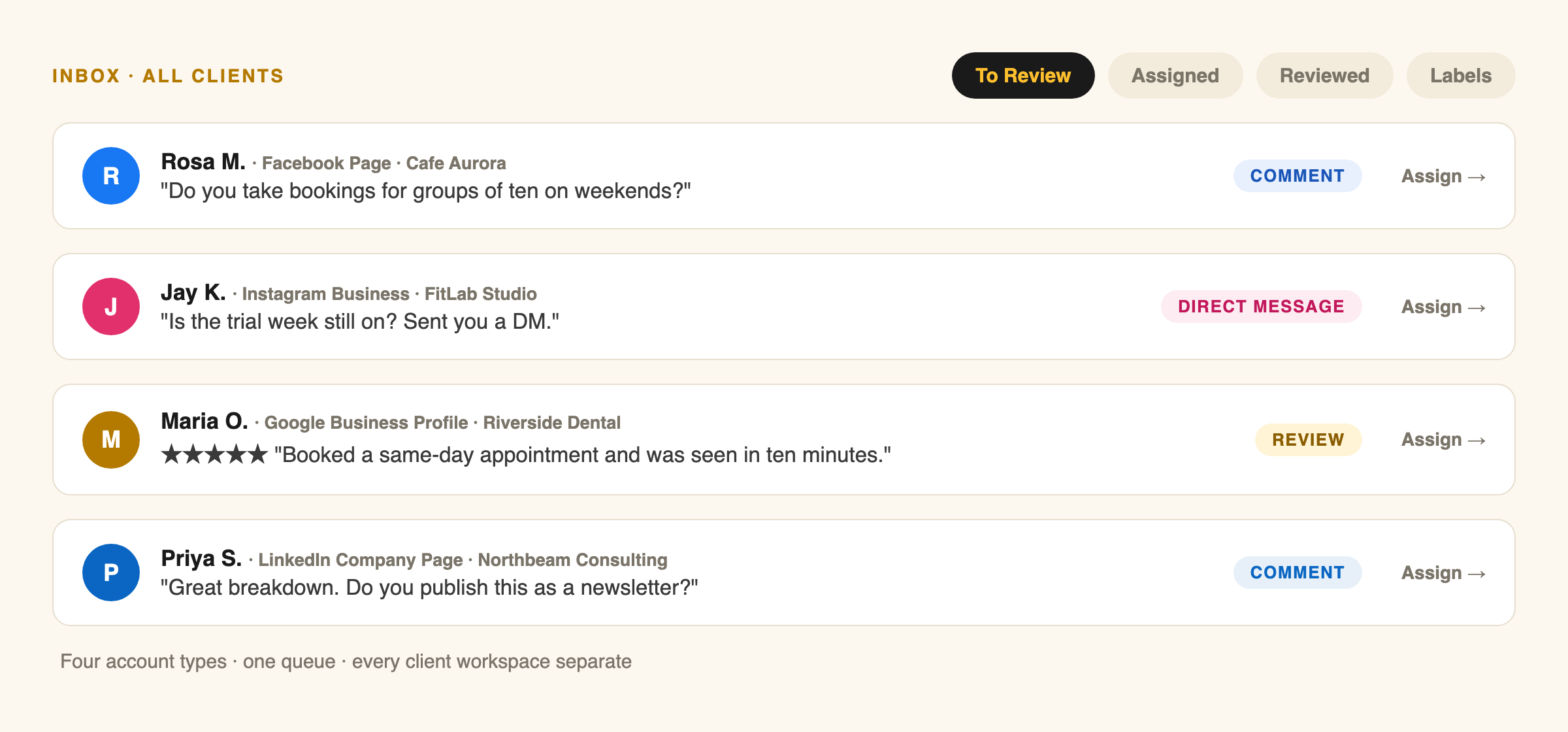 social inbox queue, Facebook Instagram LinkedIn and Google Business Profile, client accounts