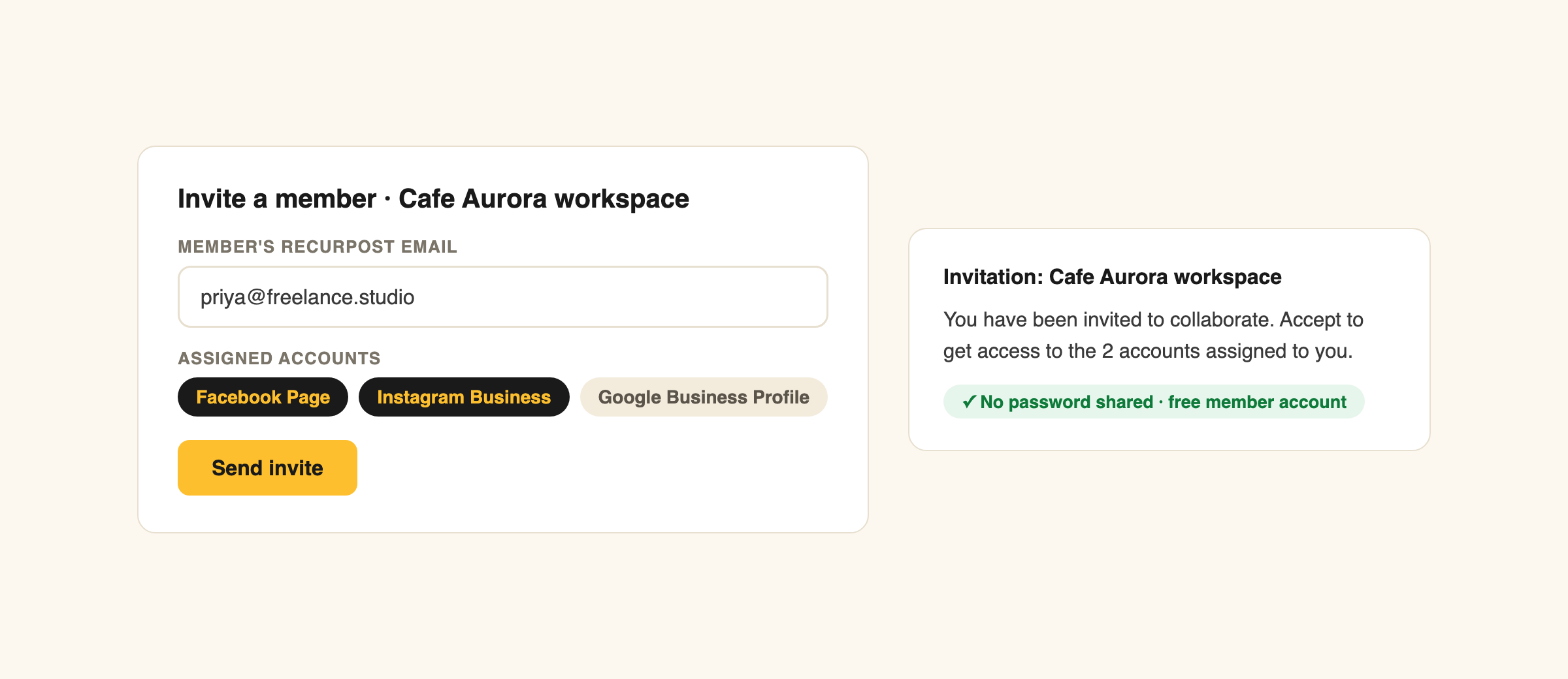workspace member invite, assigned accounts, no password shared