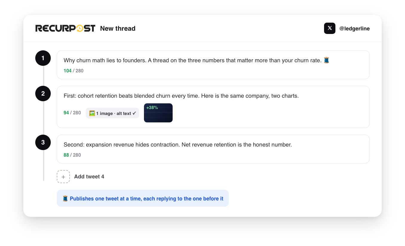 RecurPost thread builder with three chained tweets, per-tweet counters, image and alt text