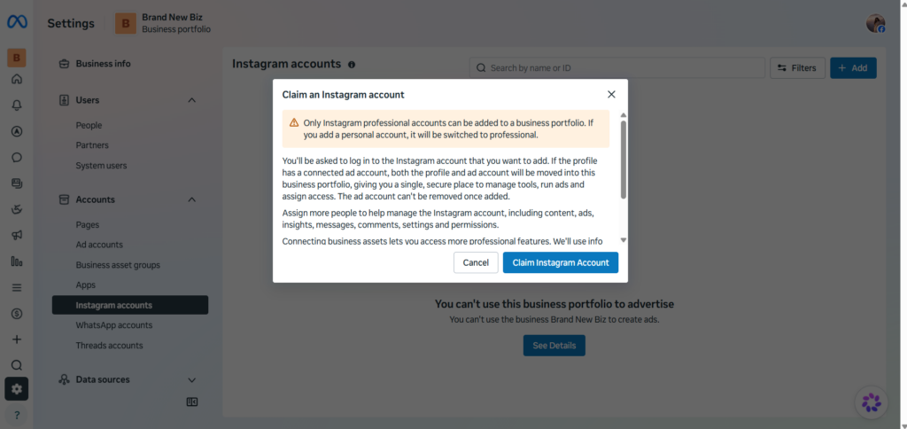 Connecting to Instagram in Meta Business Suite