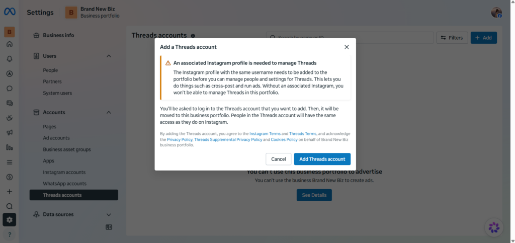 Connecting to Meta Threads in Meta Business Suite