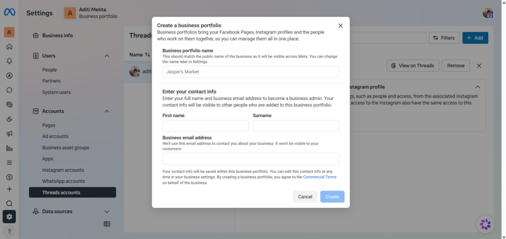 Creating New Business Portfolio in Meta Business Suite