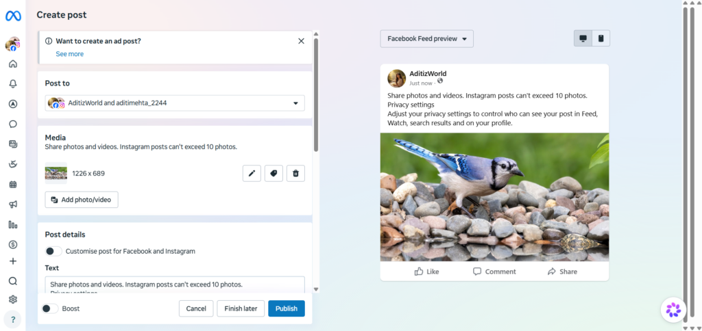 Creating a New Post in Meta Business Suite