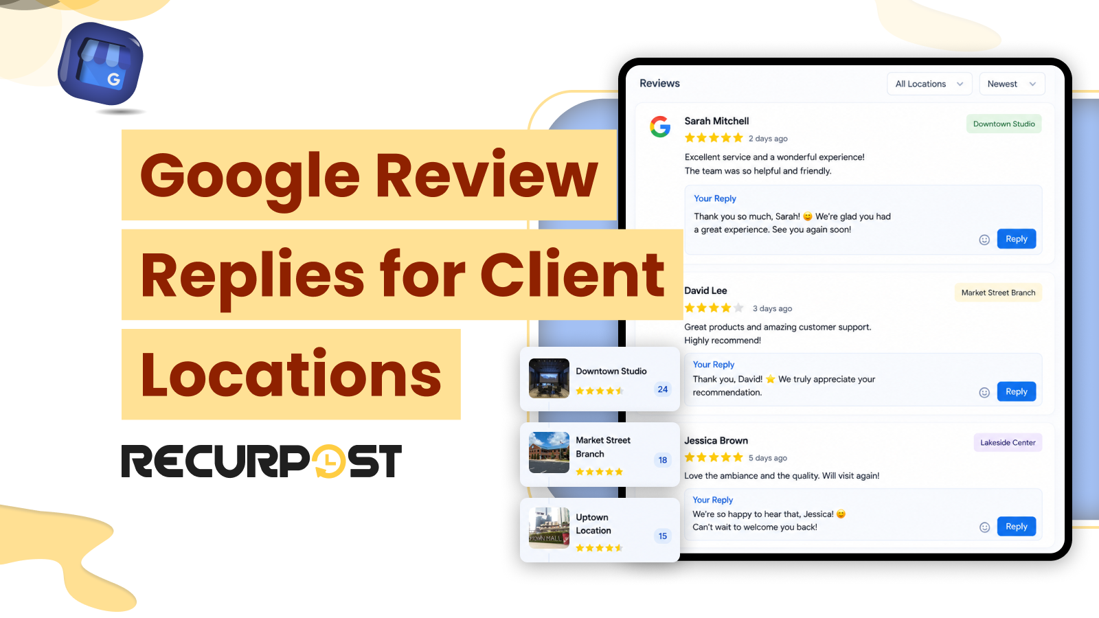 Google reviews from several verified Business Profile locations queued for reply in the RecurPost unified inbox