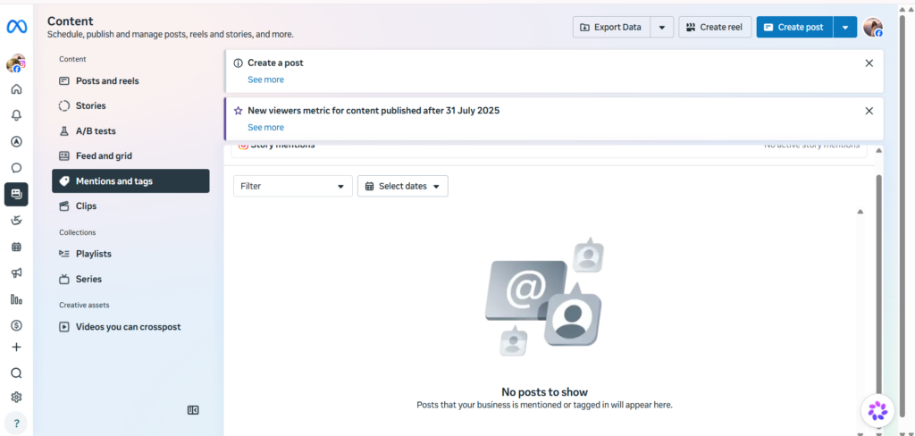 Meta Business Suite's Mentions and Tags Tab