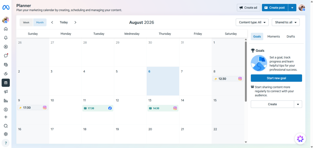 Meta Business Suite's Planner (Content Calendar)